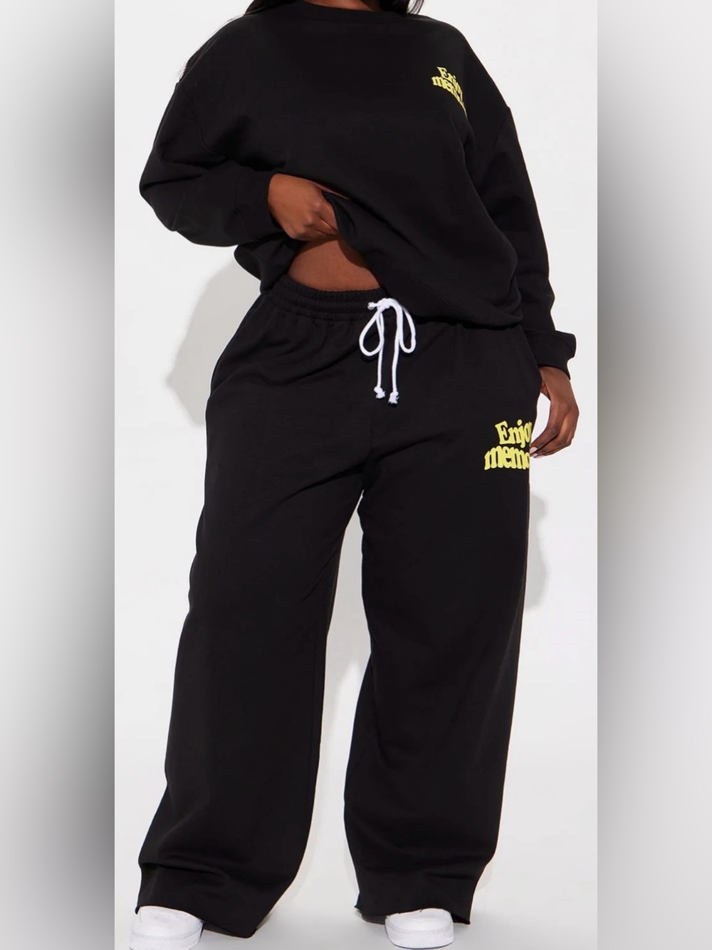 Fashion Nova Black Wide-Leg Track Pants with Yellow Logo